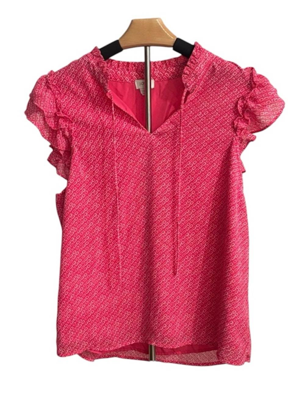J.Crew Pink Geometric Print Ruffle Trim Tie Neck Split V Blouse Small